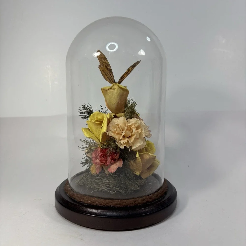Vtg Dried Flower & Butterfly Bee Domed‎ Diorama Cloche MCM Decor Wood Base 7.5